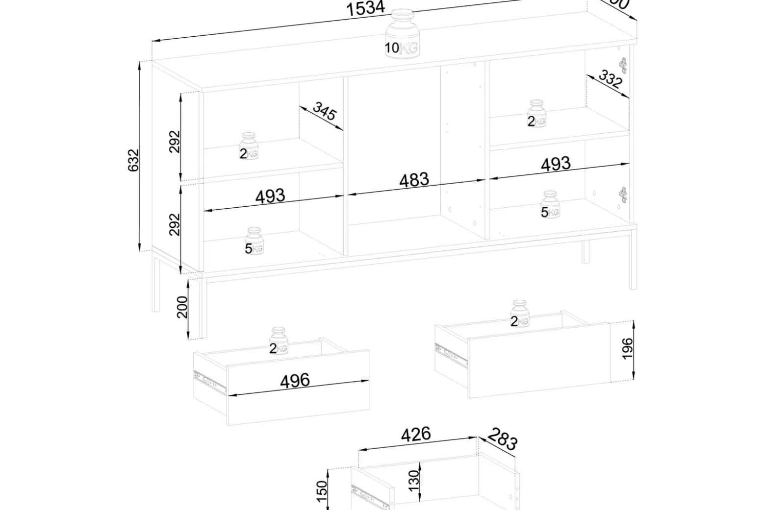 Komoda z trzema szufladami SORENTO 154 cm kaszmir oświetlenie witrynka