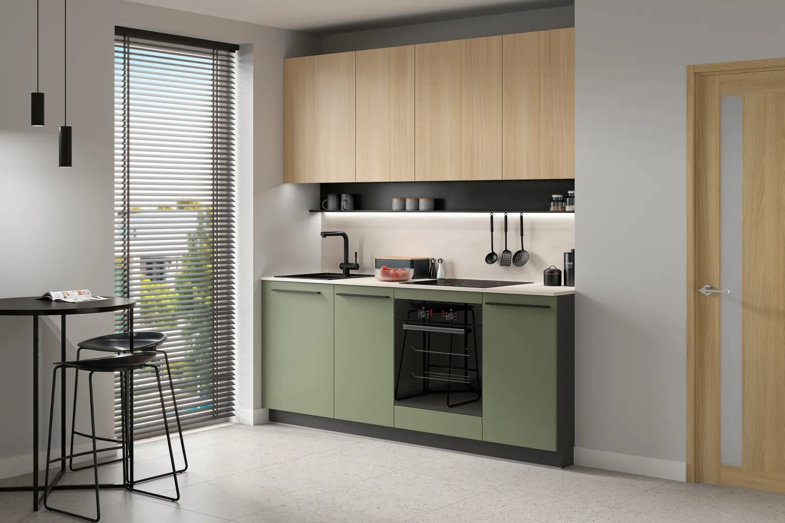Komplet kuchenny Milino Small 210 cm z blatem zielony/dąb barbera piaskowy/beton jasny