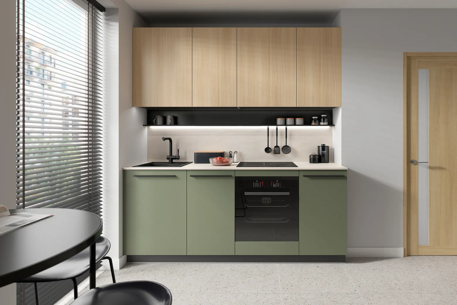 Komplet kuchenny Milino Small 210 cm z blatem zielony/dąb barbera piaskowy/beton jasny