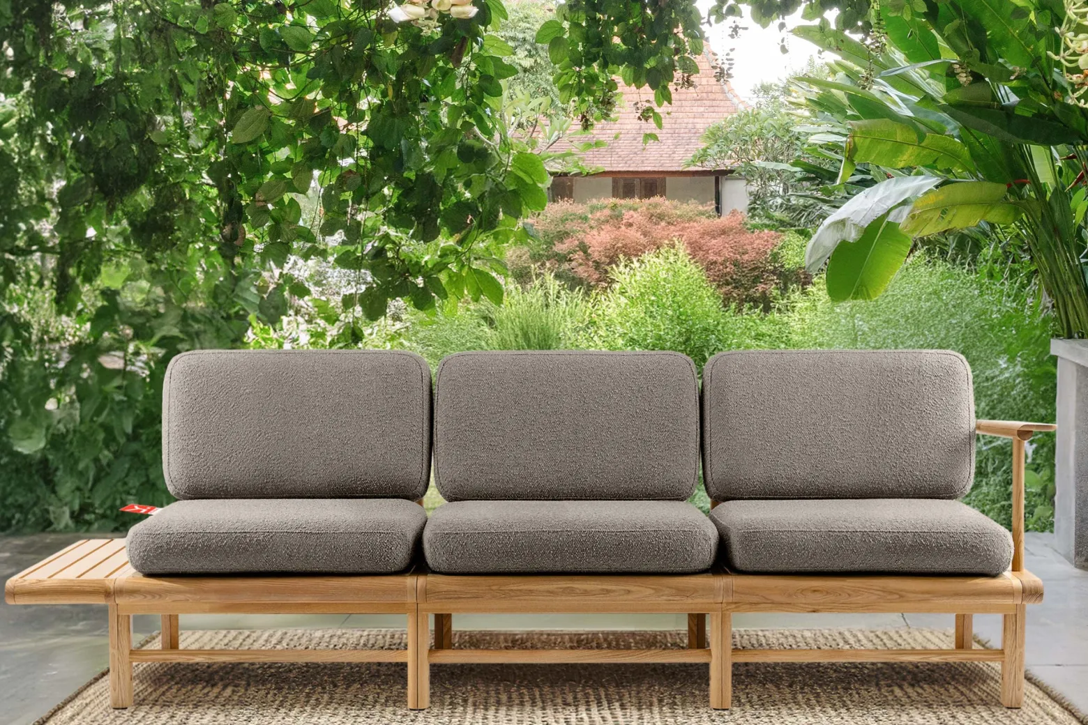 KONSIMO ATREDA Sofa do ogrodu/na taras z półką, szara, boho szer.245 cm