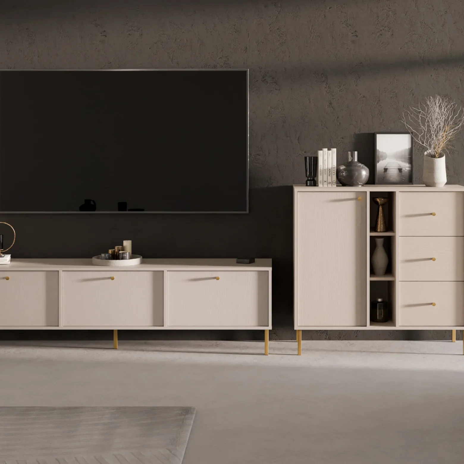 KONSIMO FLOREN Mała komoda 100 cm z szufladami na złotych nogach