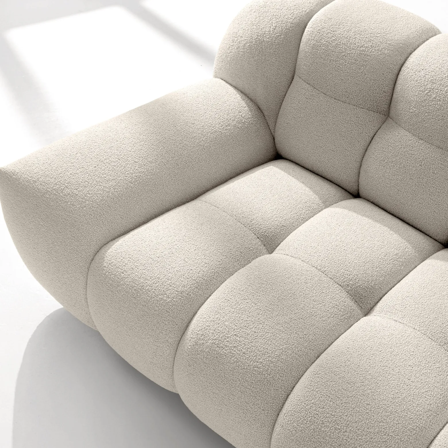 KONSIMO VENA Zestaw mebli sofa 2os. fotel i puf, japandi, tkanina boucle