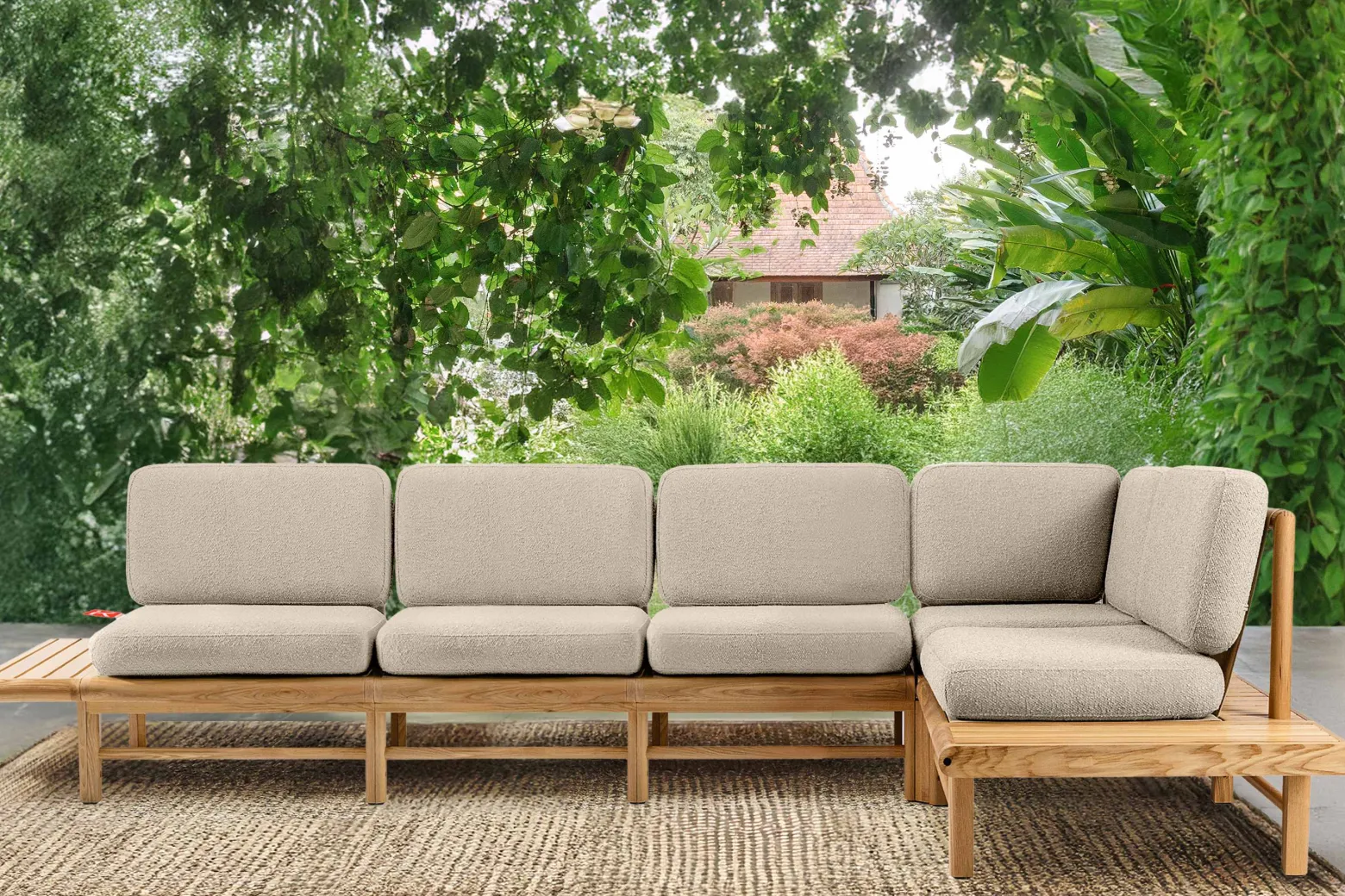 KONSIMO ATREDA Duży narożnik kremowy, drewniany stelaż, styl Japandi, boho
