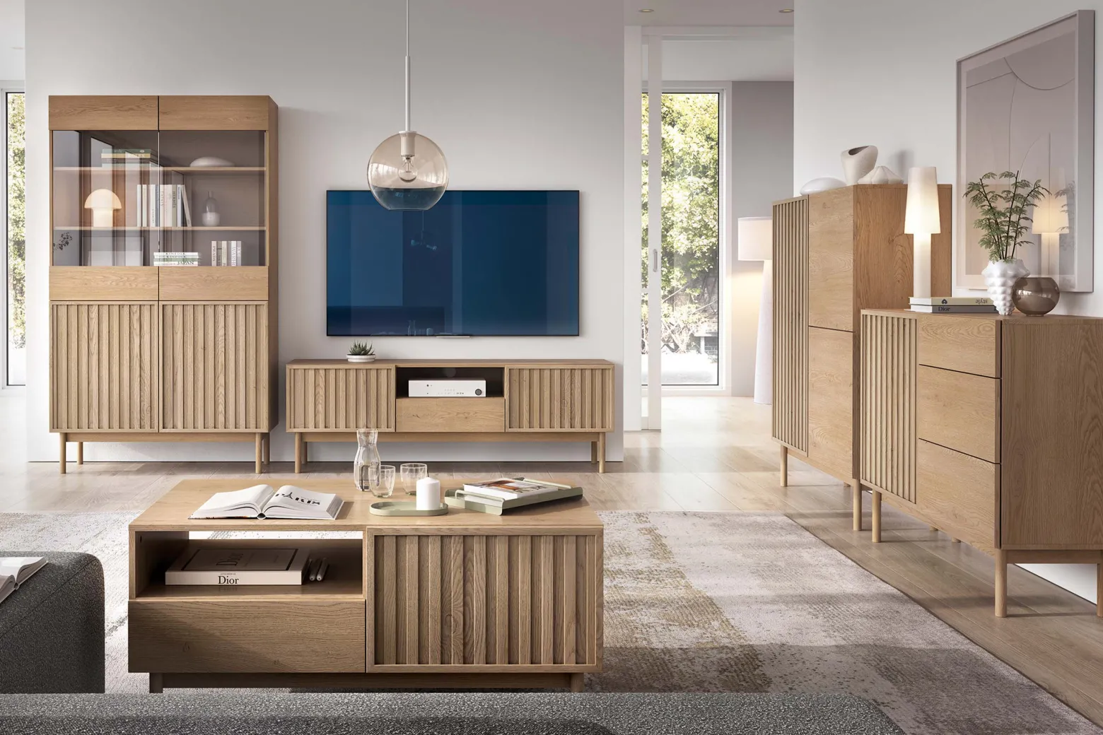 KONSIMO HARMA wysoka komoda, system Push-to-Open, z lamelami, styl loft