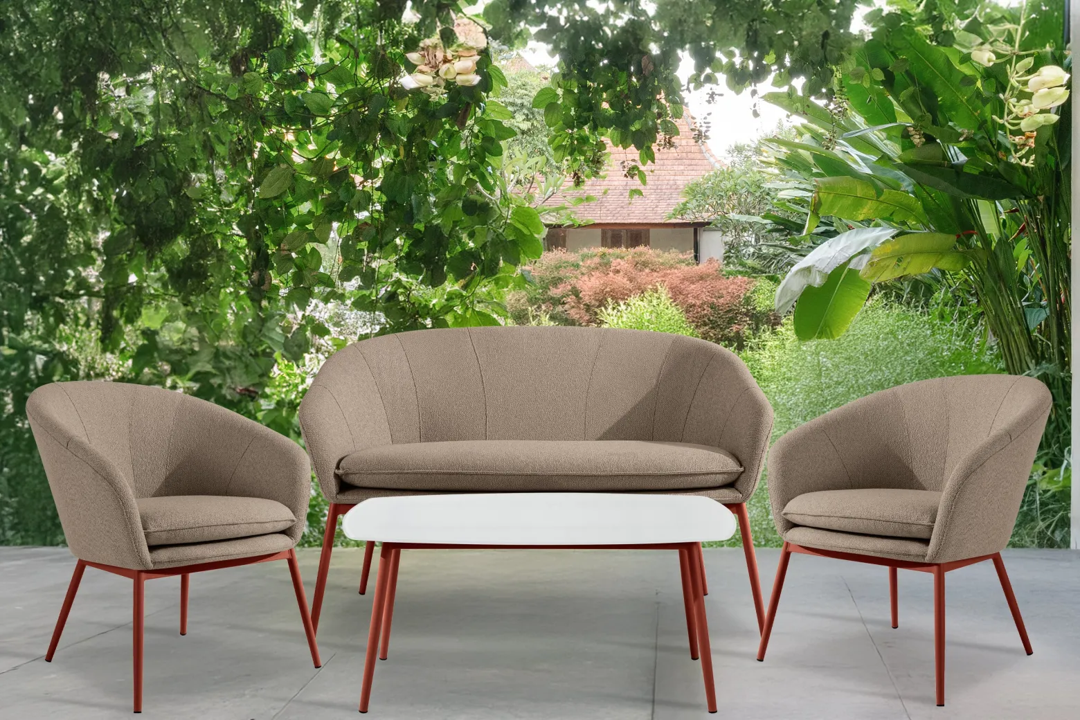 KONSIMO SOLIS Sofa jasnobrązowa na ogród/taras, stalowe nóżki, japandi