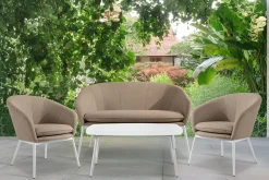 KONSIMO SOLIS Sofa tapicerowana wodoodporna jasnobrązowa, białe nóżki