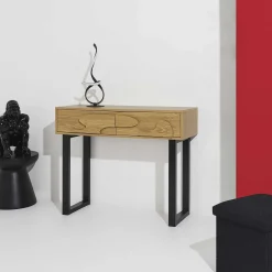 Konsola NORD 100x35x80 cm dąb sonoma 2 szuflady metalowe nogi frez 3D