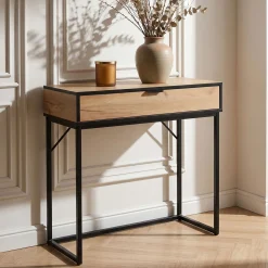 Konsola stolik loftowy MODENA 1 szuflada 80 cm Dąb Craft Czarne nogi
