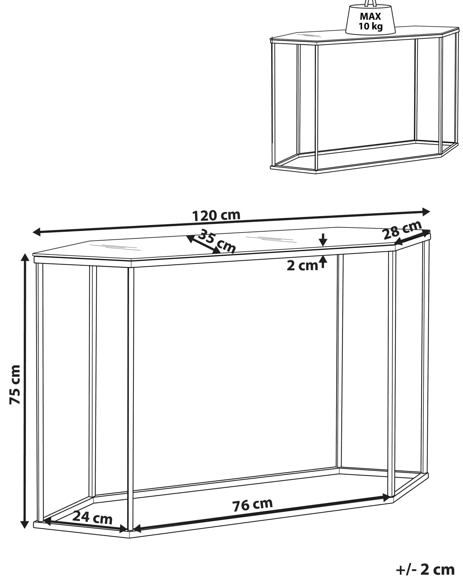 Konsola stolik 120 x 35 cm blat marmur biały czerń