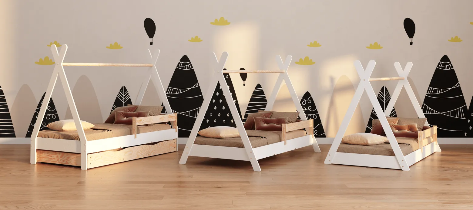 Łóżko podłogowe pojedyncze drew. TIPI FLOOR Białe SMARTWOOD®