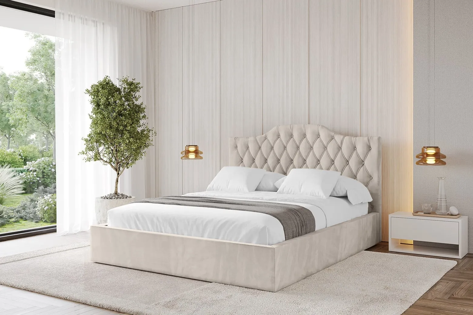 Łóżko tapicerowane bez materaca + pojemnik FALIO - 120x200 cm Beżowy
