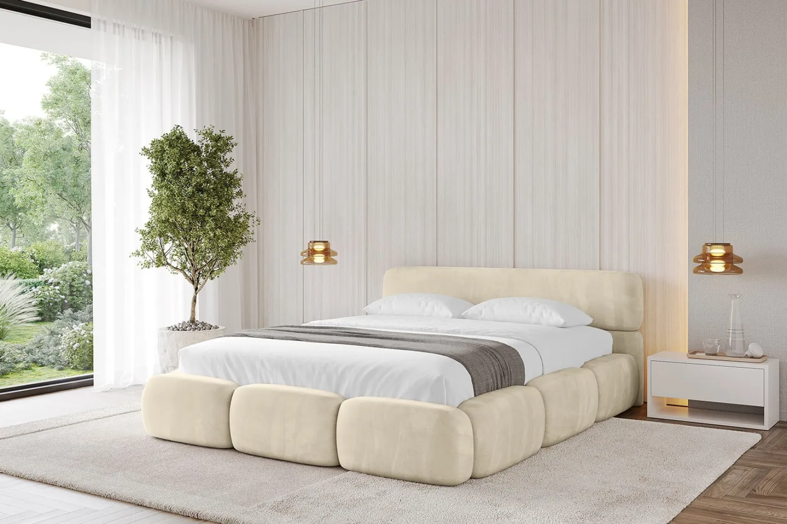 Łóżko tapicerowane bez materaca + pojemnik ELVA-v1 - 120x200 cm Beżowy