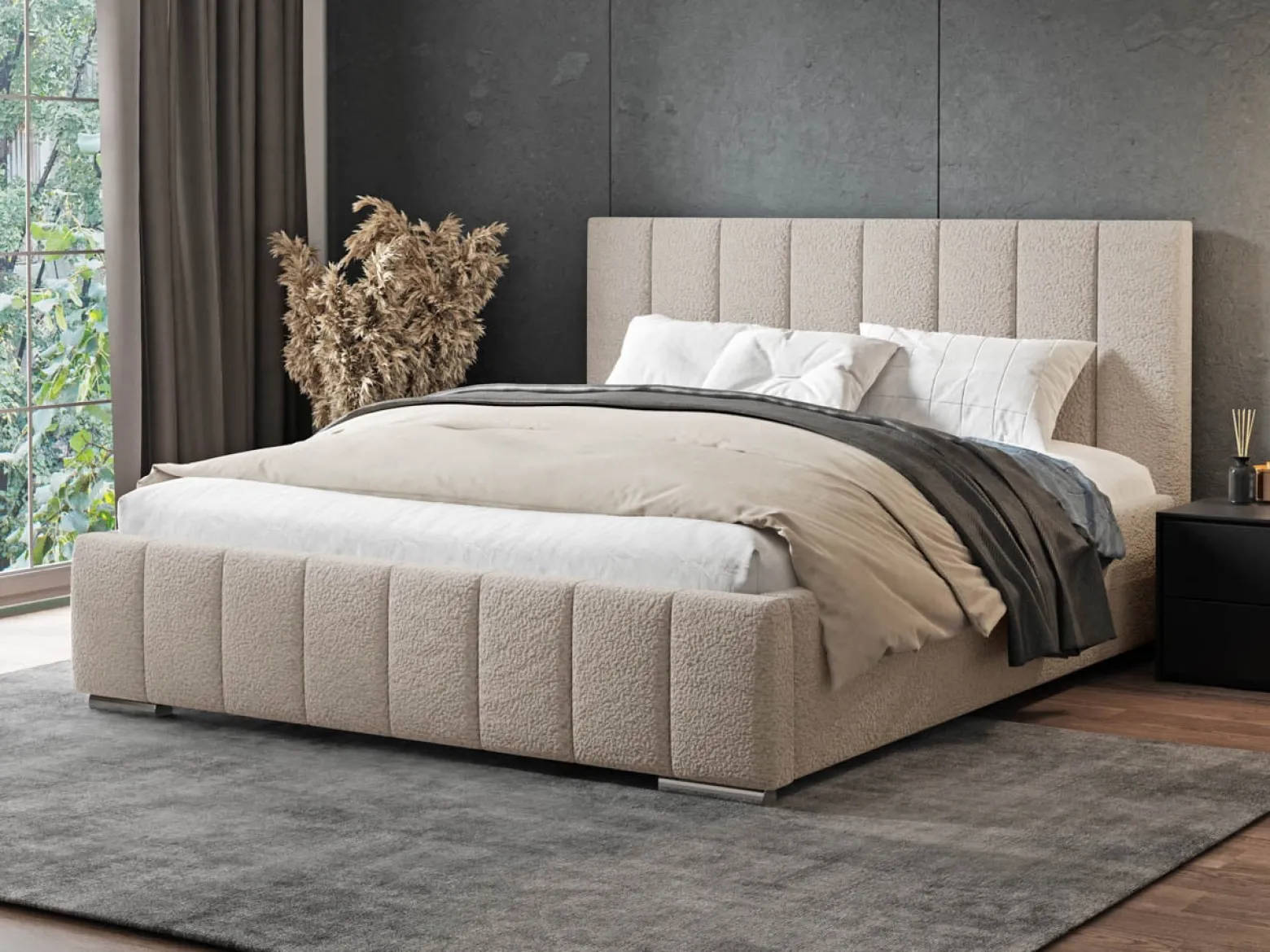 Łóżko tapicerowane Brest 180x200 beżowe tkanina boucle