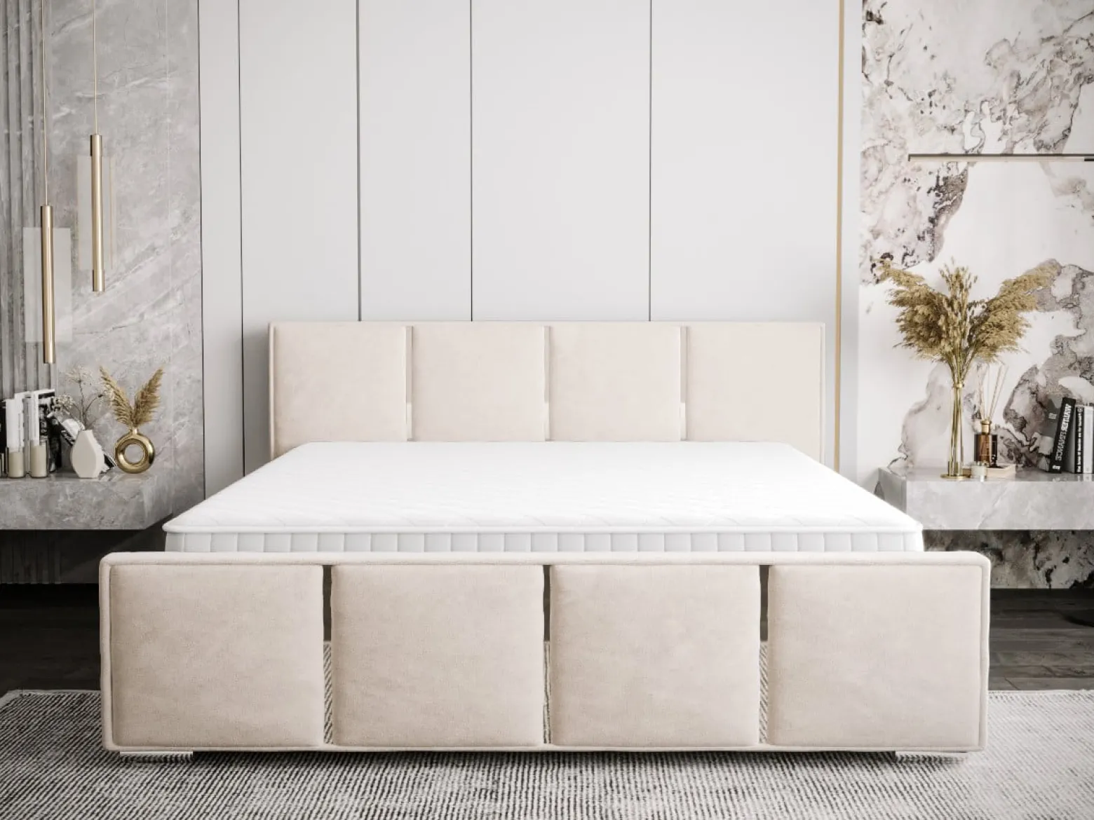 Łóżko Tapicerowane + Lustra Modena 180 Stelaż Metal Beż