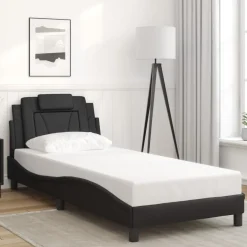 Łóżko Tapicerowane Rama Łóżka Ze Stelażem Czarna Ekoskóra LED 90x200 cm