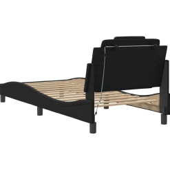 Łóżko Tapicerowane Rama Łóżka Ze Stelażem Czarna Ekoskóra LED 90x200 cm