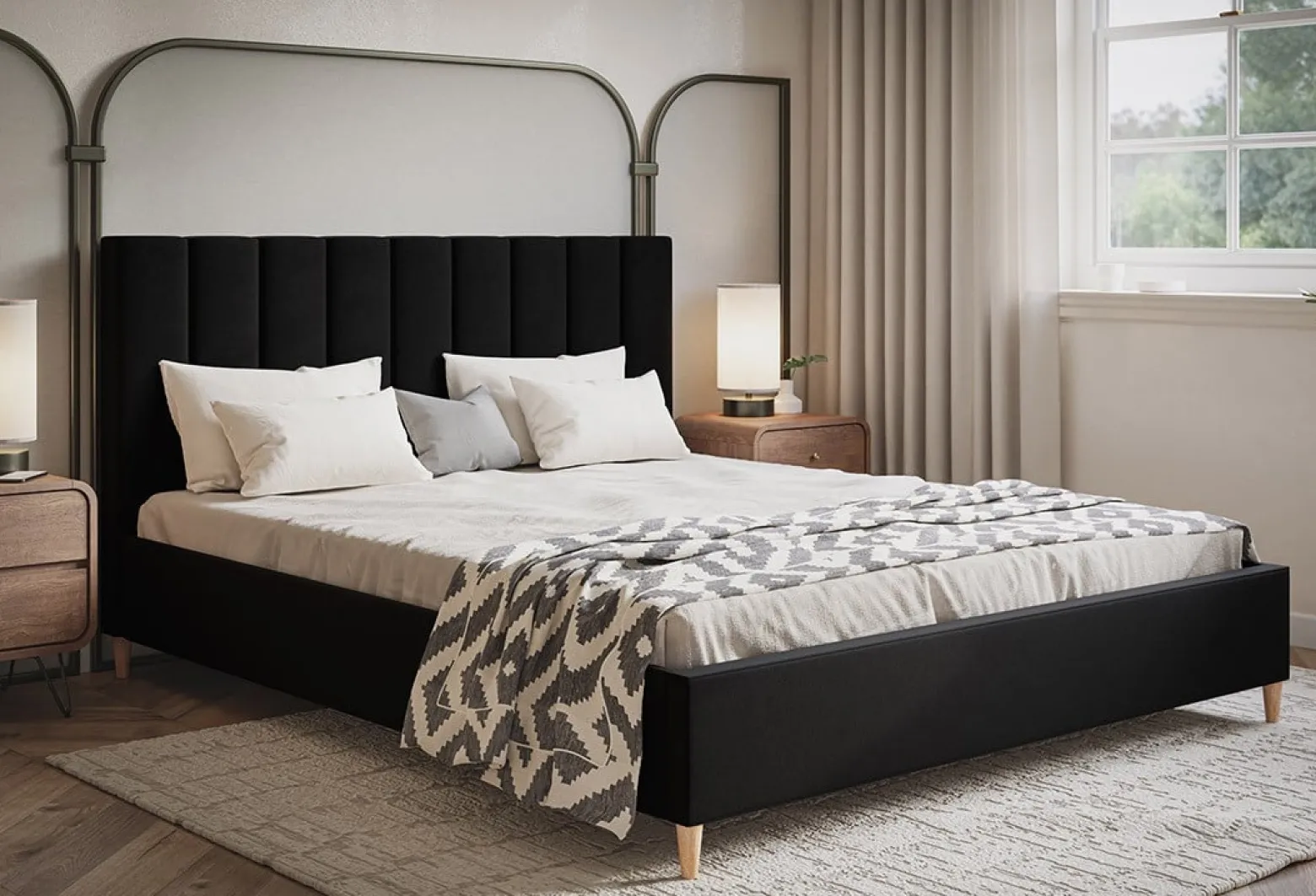 Łóżko tapicerowane 120x200 LUXO 2 na drewnianych nogach- czarne