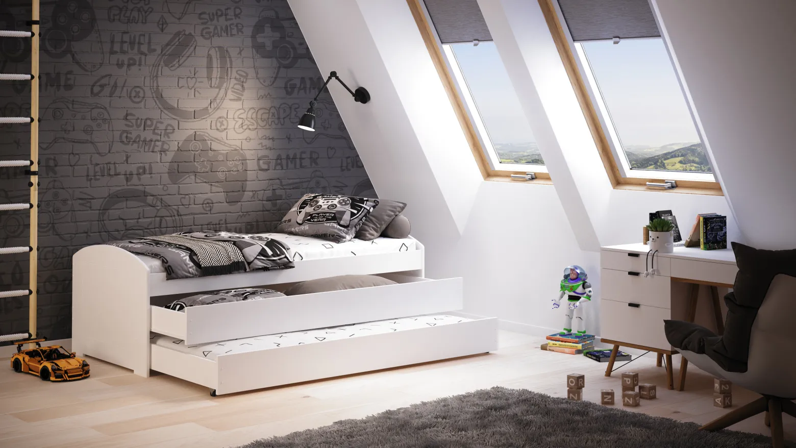 Łóżko wysuwane podwójne Lori 200x90 z szufladą