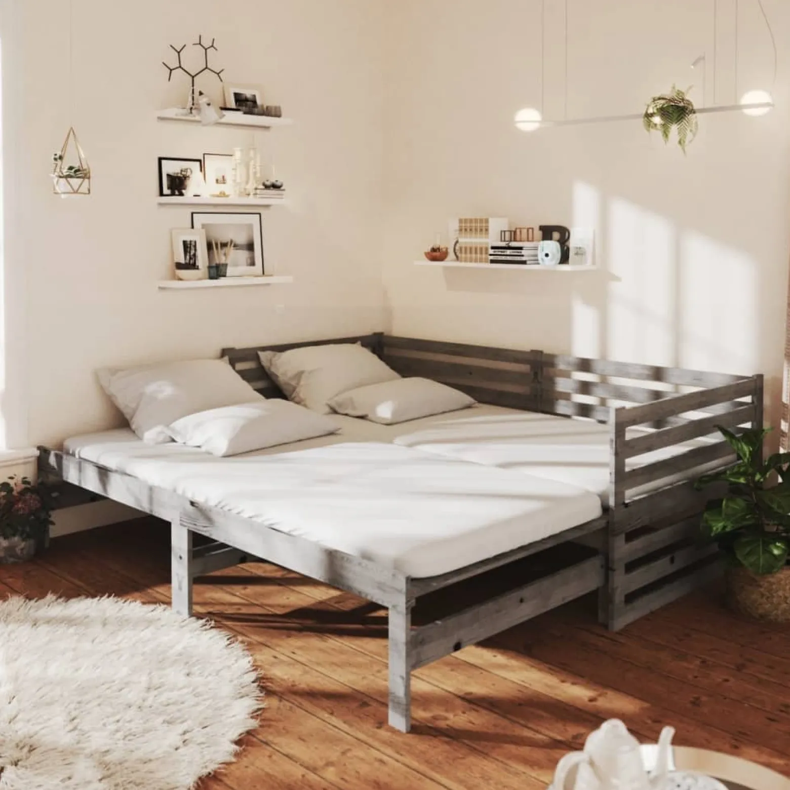 Łóżko wysuwane 2 x (90x200) cm szare lite drewno sosnowe