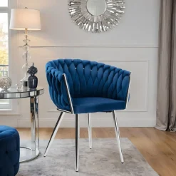 Krzesło welurowe plecione COFTON chrom VELVET granatowy
