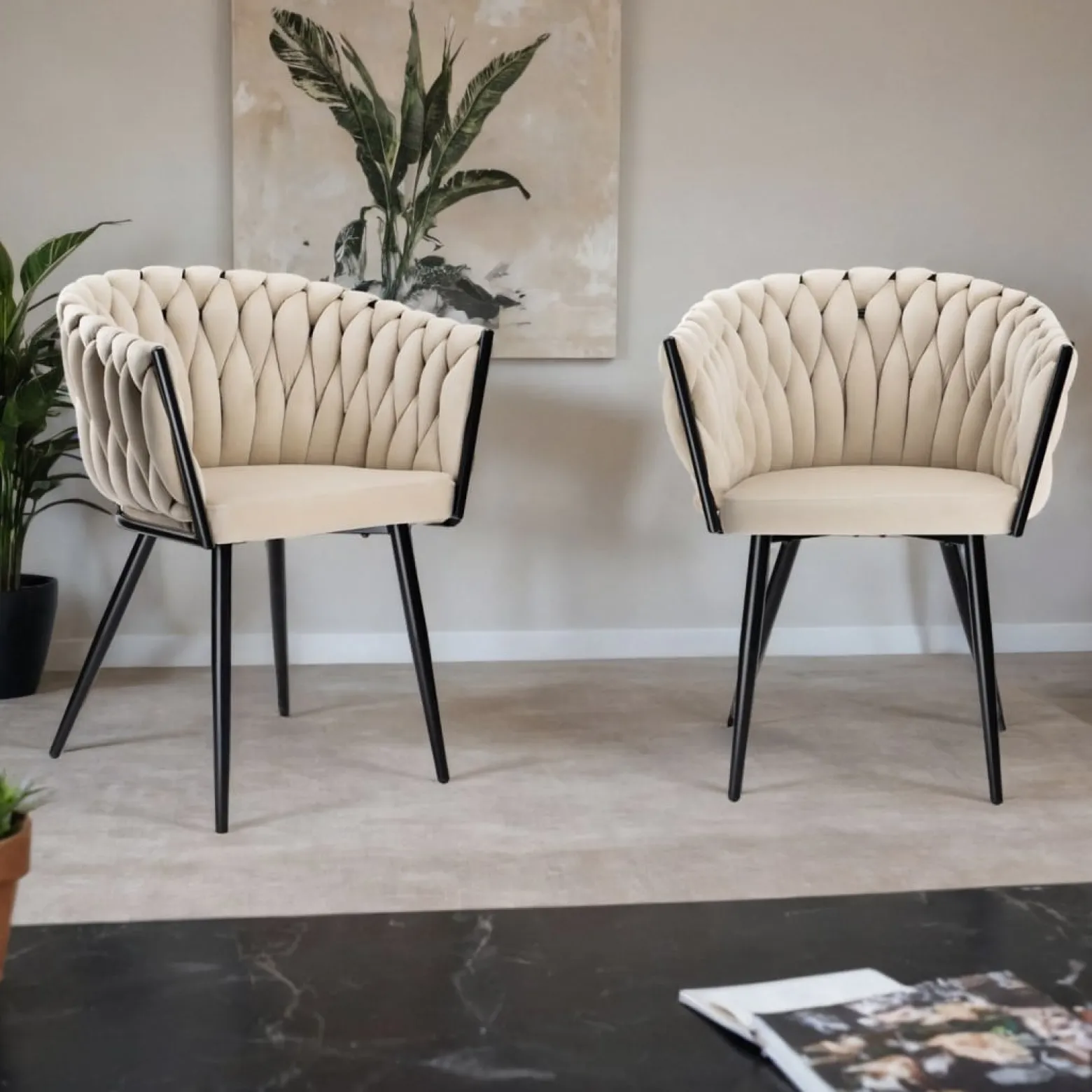 Krzesło welurowe plecione COFTON Black VELVET beżowy