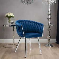 Krzesło welurowe plecione COFTON chrom VELVET granatowy