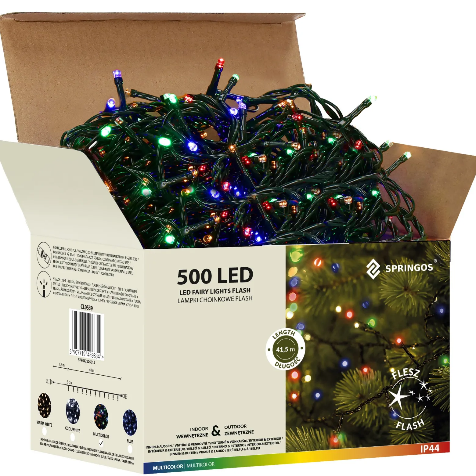 Lampki choinkowe 500 LED 41,5 m multikolor +flash zewnętrzne