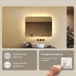 Lustro łazienkowe LED 80x60cm - zaokrąglone - LED Dual, włącznik