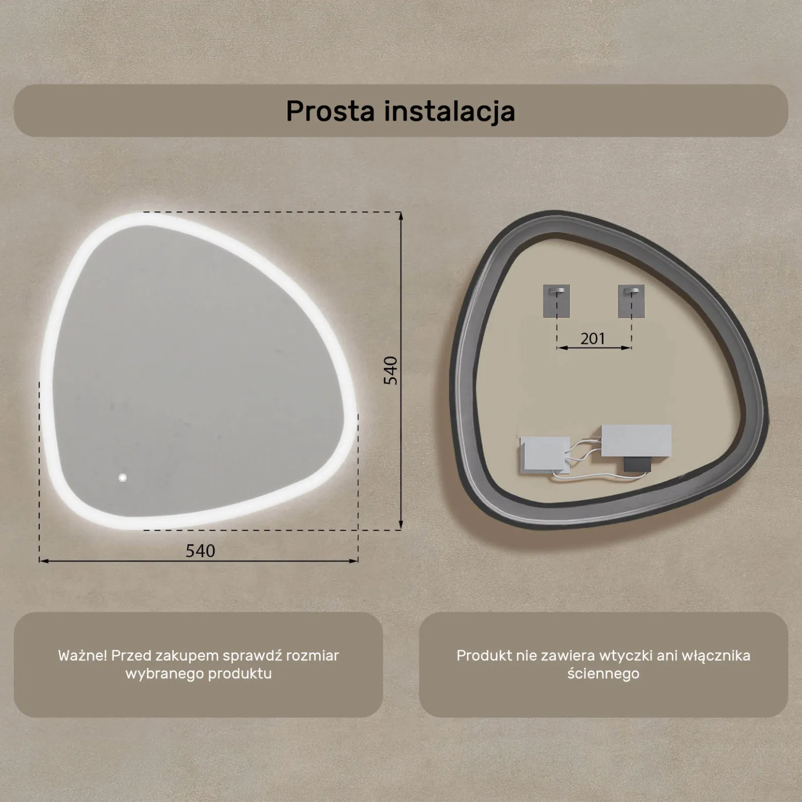 Lustro łazienkowe LED 54x54cm - nieregularne - LED Dual, włącznik