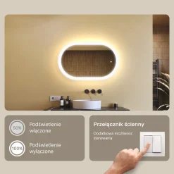 Lustro łazienkowe LED 80x50cm - owalne - LED Dual, włącznik
