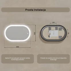 Lustro łazienkowe LED 80x50cm - owalne - LED Dual, włącznik