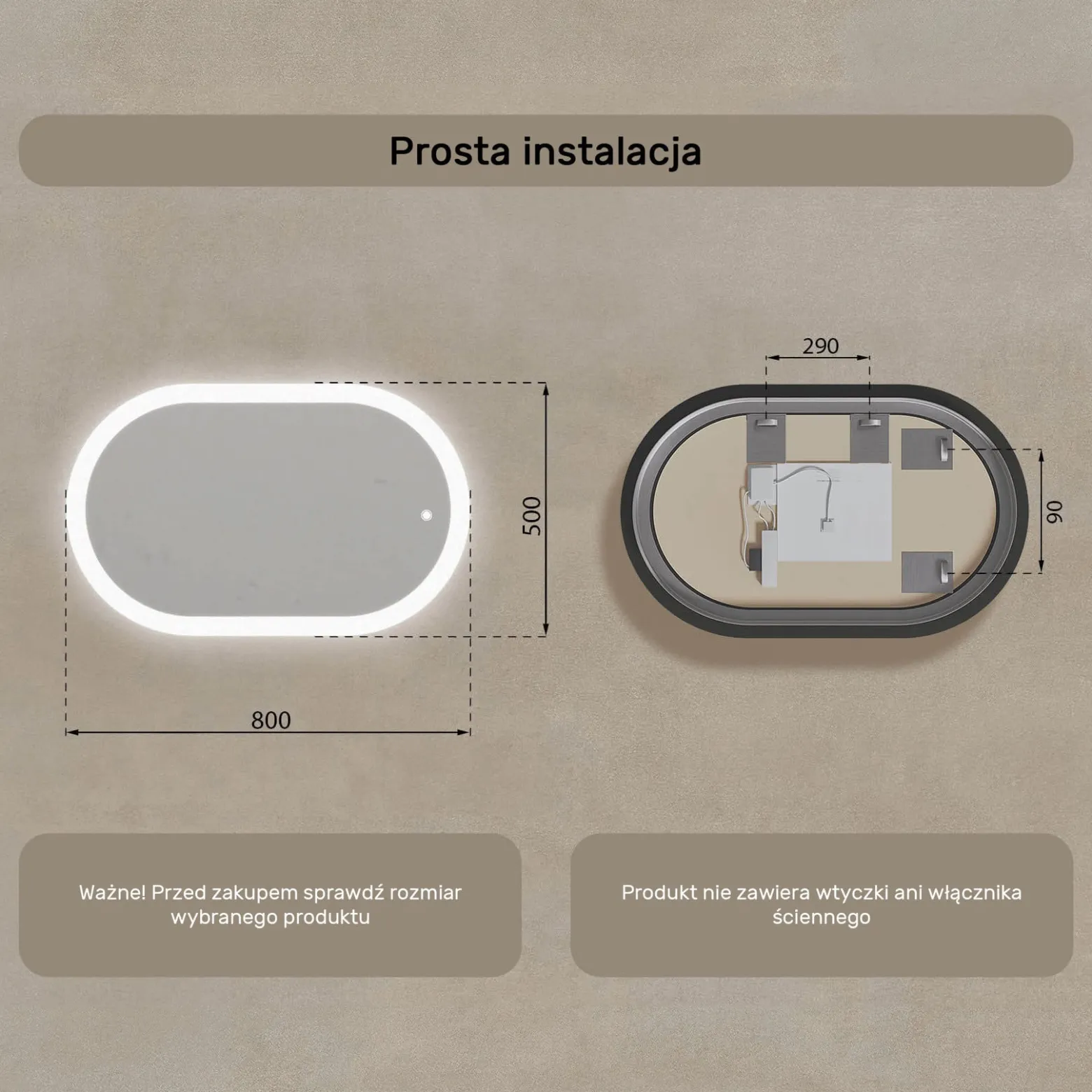 Lustro łazienkowe LED 80x50cm - owalne - LED Dual, włącznik