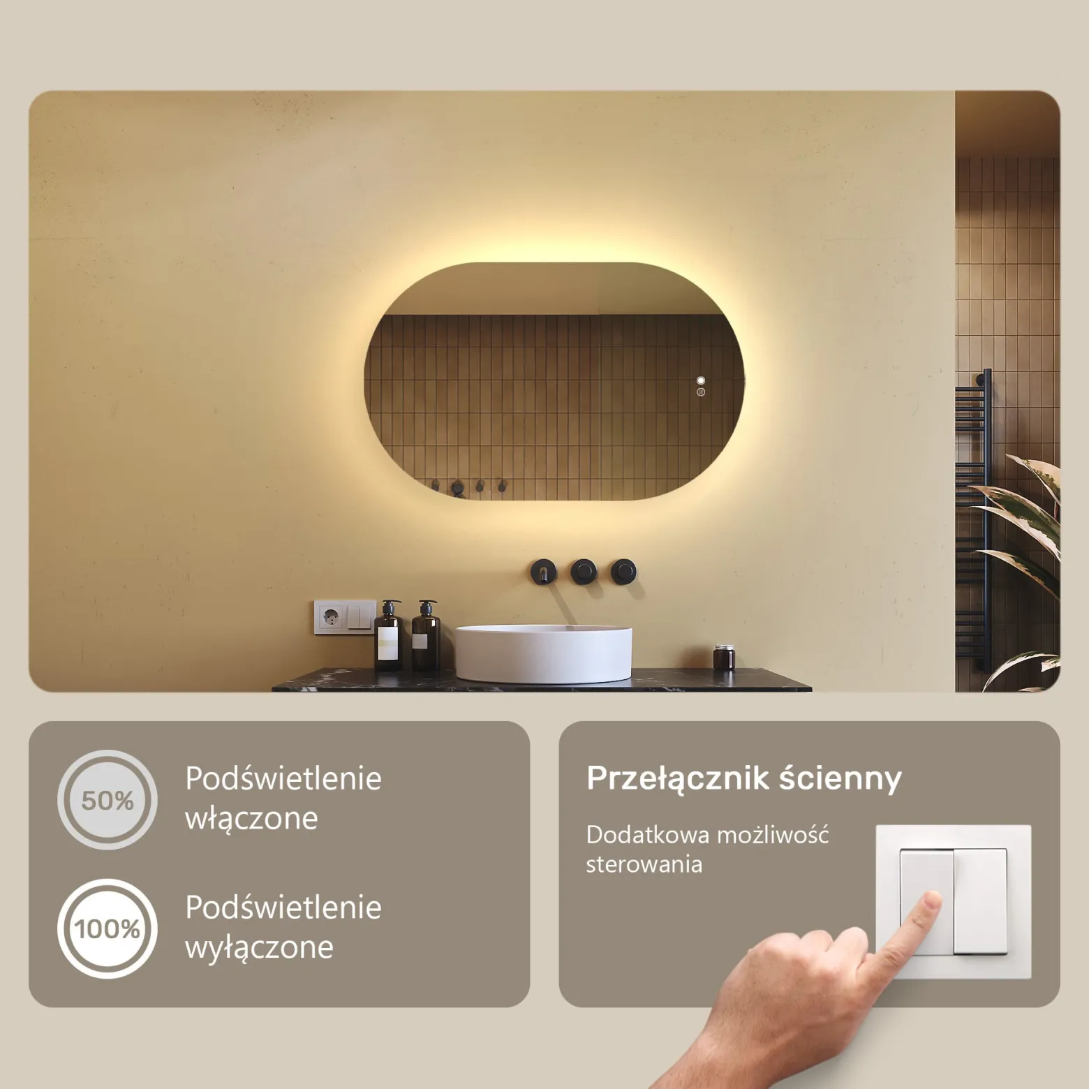 Lustro łazienkowe LED 80x50cm - owalne - LED Dual, włącznik, mata grzewcza