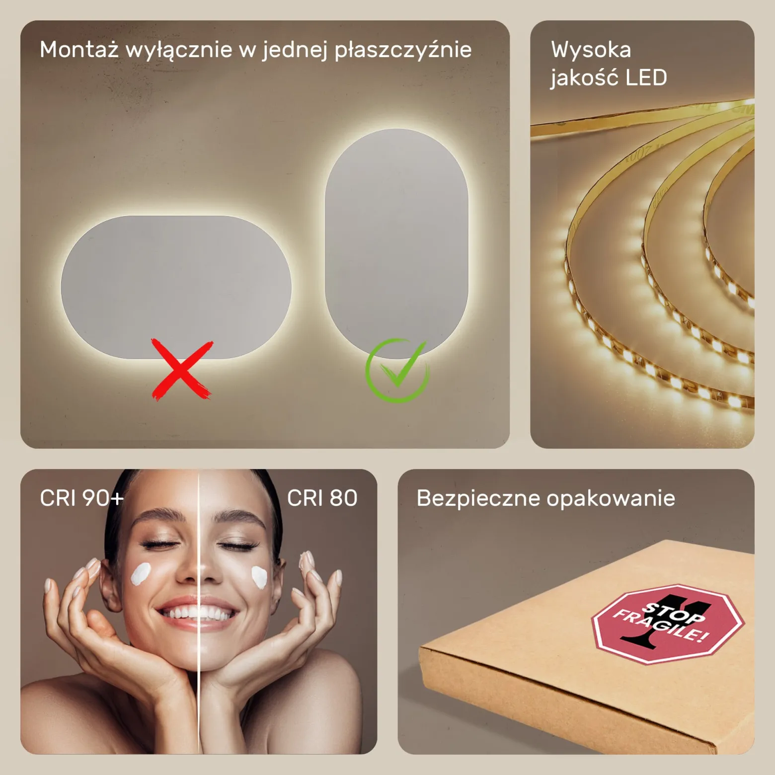 Lustro Łazienkowe Podświetlane LED 50x80 owalne z barwą neutralna