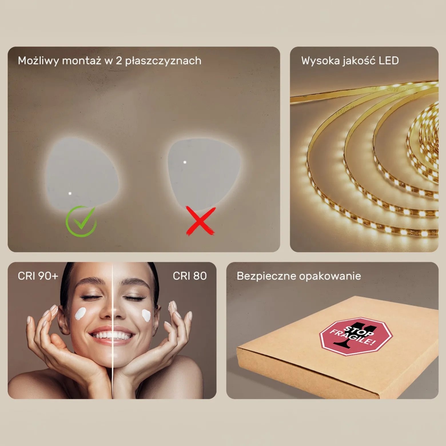 Lustro łazienkowe 54x54cm nieregularne - LED Dual, włącznik