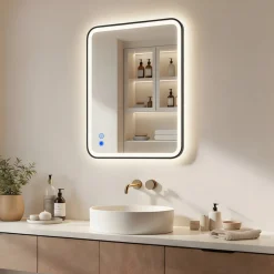 Lustro łazienkowe 80x60 czarny mat LED Dual dotyk + mata zaokrąglone