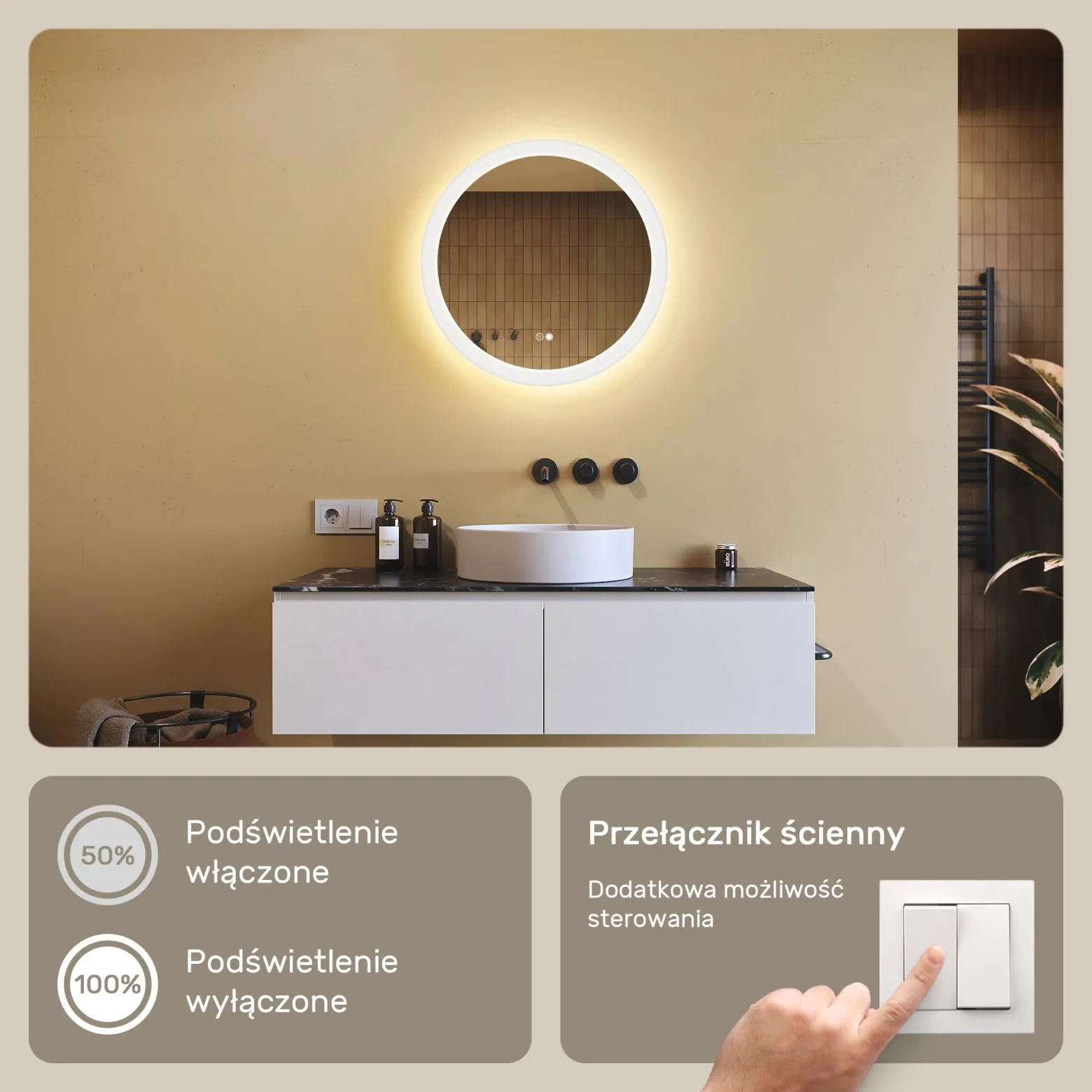 Lustro okragle LED łazienkowe, 60cm z matą, dotykiem, dual led