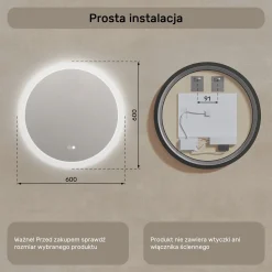 Lustro okragle LED łazienkowe, 60cm z matą, dotykiem, dual led