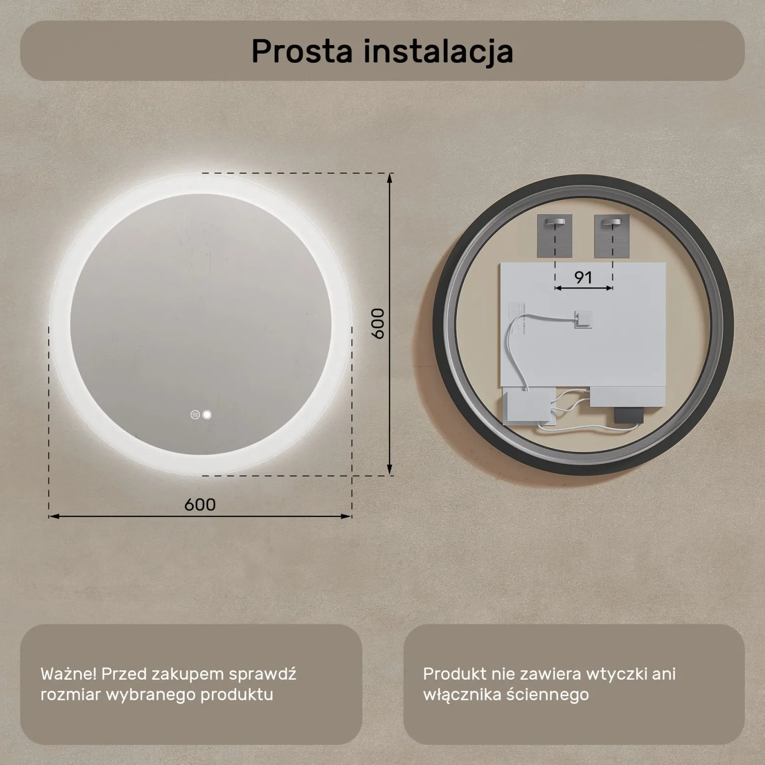 Lustro okragle LED łazienkowe, 60cm z matą, dotykiem, dual led