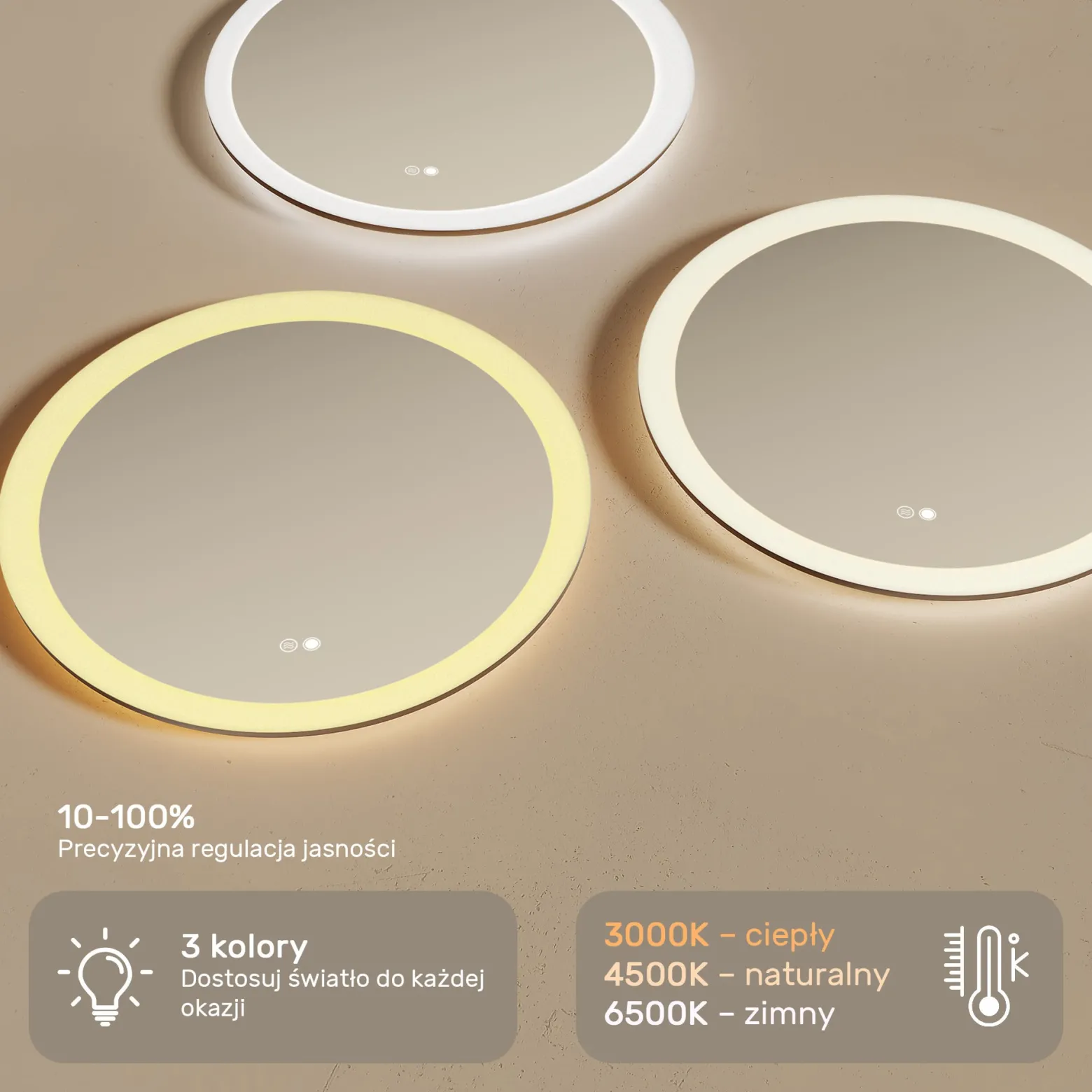 Lustro okragle LED łazienkowe, 60cm z matą, dotykiem, dual led