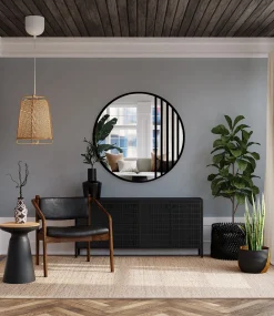 Lustro okrągłe ze szprosami w czarnej matowej ramie loft MDF - LOTIS