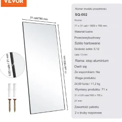 Lustro podłogowe 180x80 cm stojące lub na ścianę hartowane