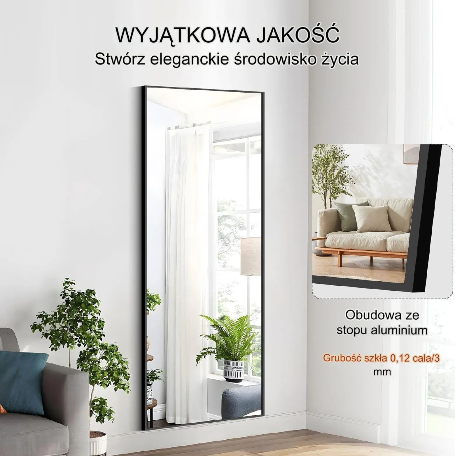 Lustro podłogowe 180x80 cm stojące lub na ścianę hartowane