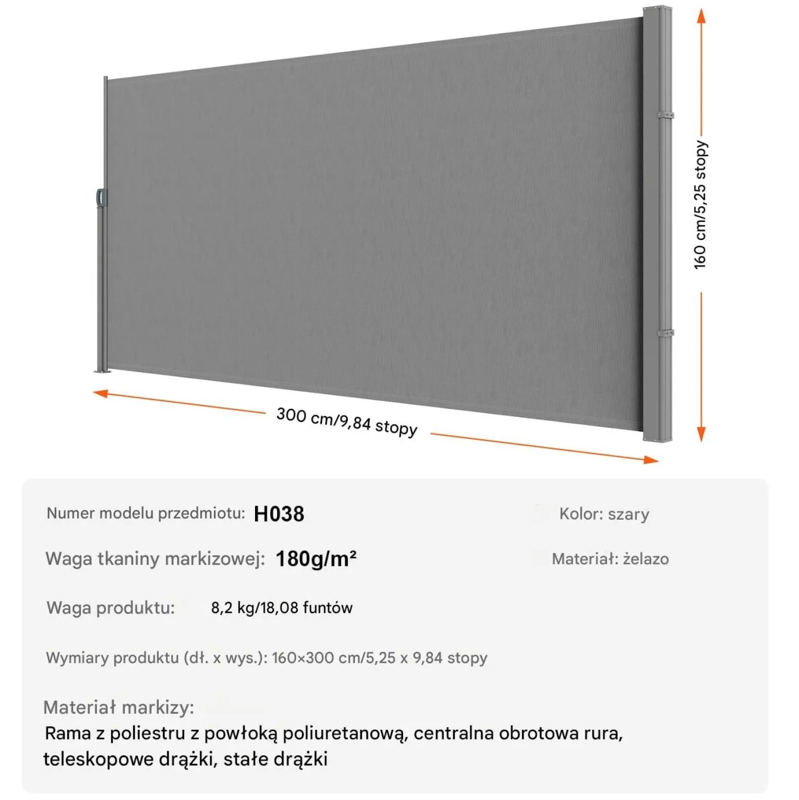 Markiza boczna parawan na taras roleta przeciwsłoneczna szara 160 x 300 cm