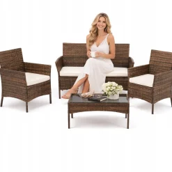 Meble Ogrodowe Zestaw 4 Elementy Komplet Tarasowy Fotele Stół Sofa Brązowy