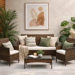 Meble Ogrodowe Zestaw 4 Elementy Komplet Tarasowy Fotele Stół Sofa Brązowy