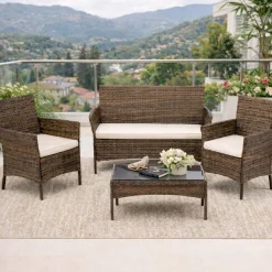 Meble Ogrodowe Zestaw 4 Elementy Komplet Tarasowy Fotele Stół Sofa Brązowy