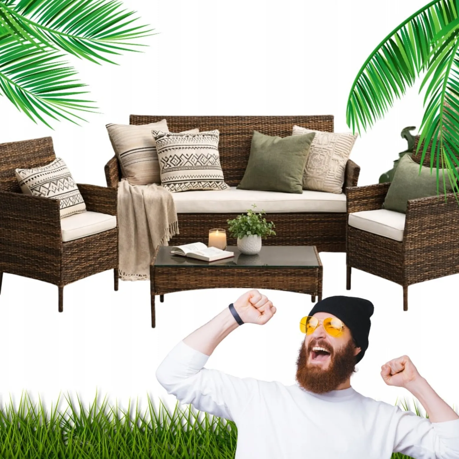 Meble Ogrodowe Zestaw 4 Elementy Komplet Tarasowy Fotele Stół Sofa Brązowy
