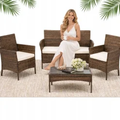 Meble Ogrodowe Zestaw 4 Elementy Komplet Tarasowy Fotele Stół Sofa Brązowy