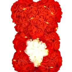 Miś z róż 22 cm czerwony, różany LED ciepły biały dekoracja